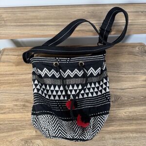 World Market Bucket Bag Boho Black White‎ Gold Red Pom Detail